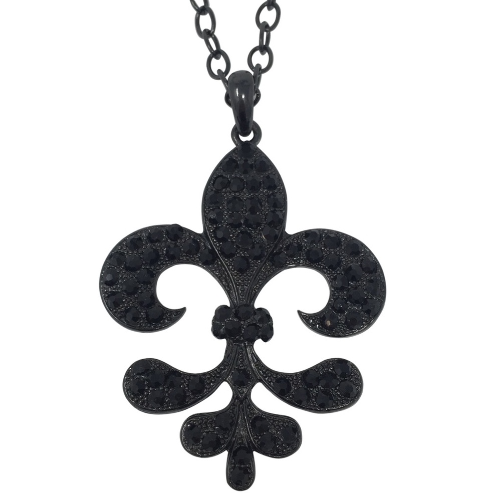 Black Fancy Fleur De Lis Long Rhinestone Large Pendant Necklace